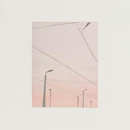 street lights and power lines, pastel pink sky.