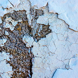 close-up of eroded paint stripping off wall.