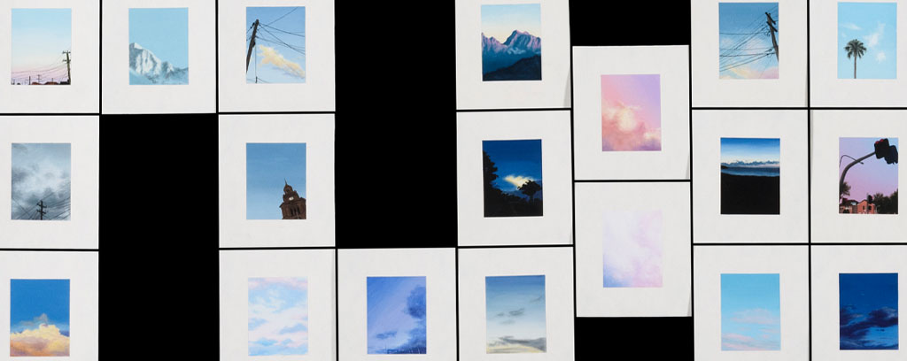 forty polaroid sized paintings placed together in a jigsaw formation, intricate snapshots of landscapes in squares in vivid pinks and blues.