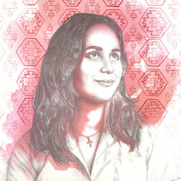 Graphic drawing, portrait of female with long dark hair on a red patterned background.