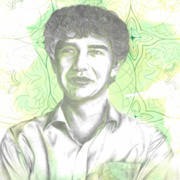 Graphic drawing, portrait of a male with short wavy hair on a green textured background.