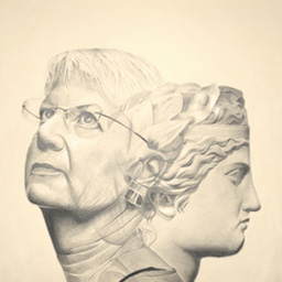 a portrait of a person - merging with a head sculpture