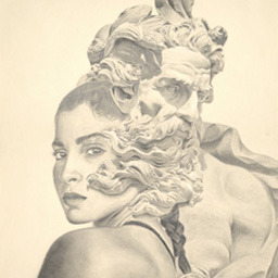 a portrait of a person - merging with a statue
