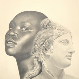 a portrait of a person - merging with a head sculpture