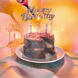 A drawing of a birthday cake, illuminated by candles