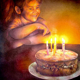 a drawing of a girl illuminated by candles on a cake