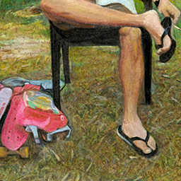 A coloured drawing, close up of the legs of a man sitting on an outdoor chair wearing thongs in a backyard.