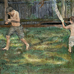 A coloured drawing of two figures playing in the backyard one with a garden hose, splashing the other.