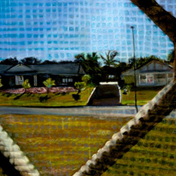 A coloured drawing of a close up point of view of looking out of a screen security door of a home on a sunny day.