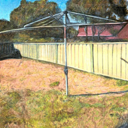 A coloured drawing of a dry grass backyard with a Hills Hoist.