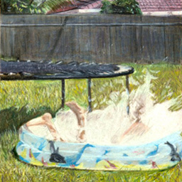 A coloured drawing of a backyard with green grass, a wooden fence, a trampoline and a figure jumping into a children's blow up pool with a big splash.