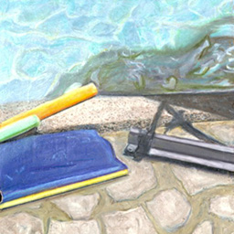 A coloured drawing of a close up of pools toys by the side of a pool.