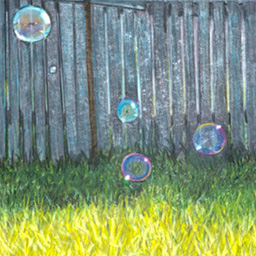 A coloured drawing of green grass, with a wooden fence and four bubble in the foreground.