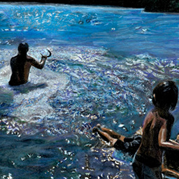 A coloured drawing three figures splashing in the pool on a sunny day.