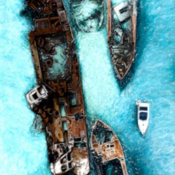 An ariel painting of the blue ocean and three shipwrecks.
