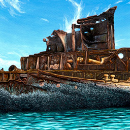A painting of part of a shipwreck in the ocean with a bright blue sky.