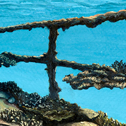 A colourful painting of part of a shipwreck underwater covered with barnacles.
