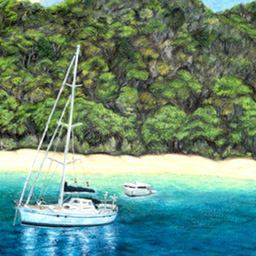 A painting of a yacht and small boat off the shore of a beach.