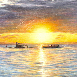 A colourful painting of part of a shipwreck on the horizon with a sunset in the background.