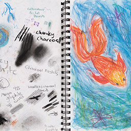 Close up of visual arts diary displaying progress images for a body of work