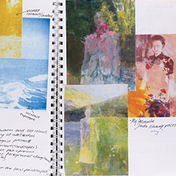 Close up of visual arts diary displaying progress images for a body of work
