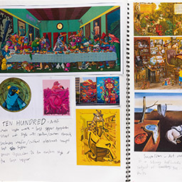 Close up of visual arts diary displaying progress images for a body of work